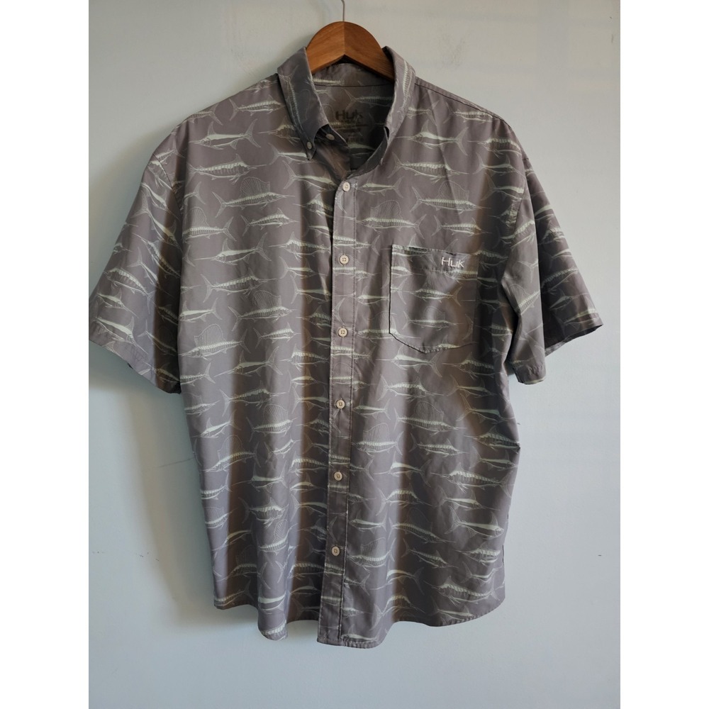 Huk Fishing Marlin Billfish Print Button Down Shirt Blue Mens Large Short Sleeve